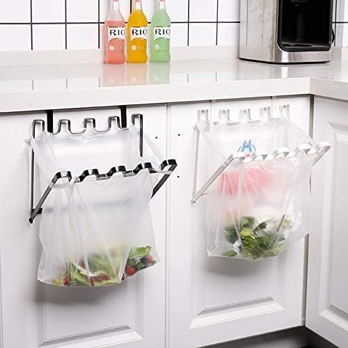 LANGUGU Stainless Steel Foldable Trash Rack Garbage Bag Holder Door Back Type Multi-Functional for Kitchen Hook Hang Dishcloth, Mounts Over Cabinet Doors Cupboards Frame image 3