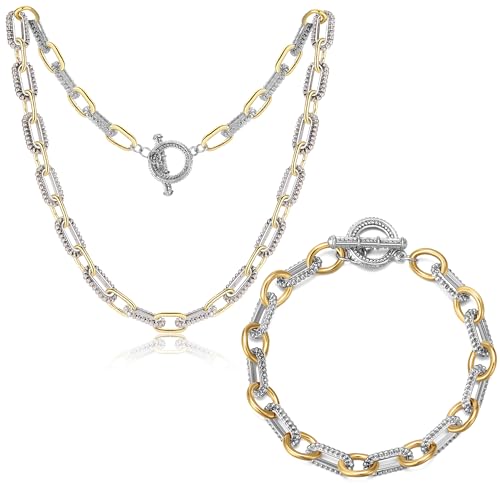 dnswez Two Tone Necklace for Women Mixed Metal Bracelet Set Statement Link Chain Gold Silver Jewelry Gifts for Women (Thin Paper clip)