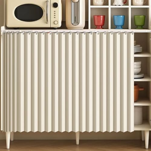Beige Pleated Folding Cupboard Curtain for Shelves & Bookcases, Dustproof Sliding Track Curtains for Cabinets & Wardrobes, Easy Install Under Sink Curtains (W 80cm x H 50cm)