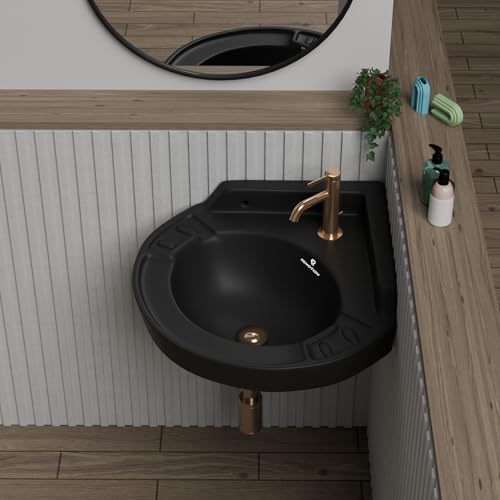 Image of REMOTION Ceramic Wall Hung Corner Wash Basin for Bathroom | Wall Mounted Corner Sink | Space-Saving, Durable & Stylish Design (17 x 15 x 7.5 Inch) (Black)