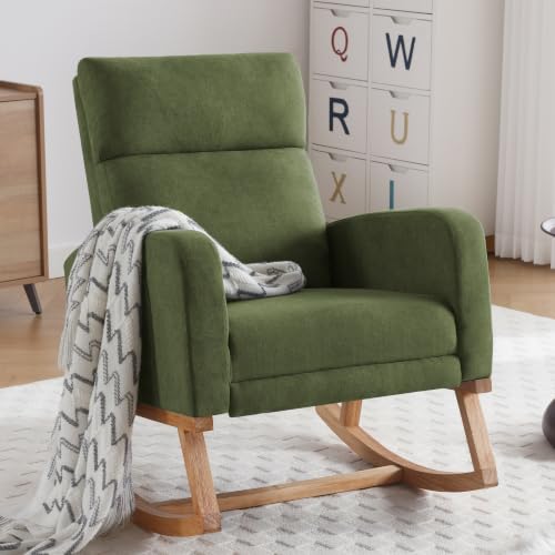 Image of HCHAIRH Rocking Chair Nursery, Nursing Rocking Chairs with Foot Rest for Mom Nursery, Glider Rocker Chair with Footrest and High Backrest for Living Room, Bedroom, Dark Green