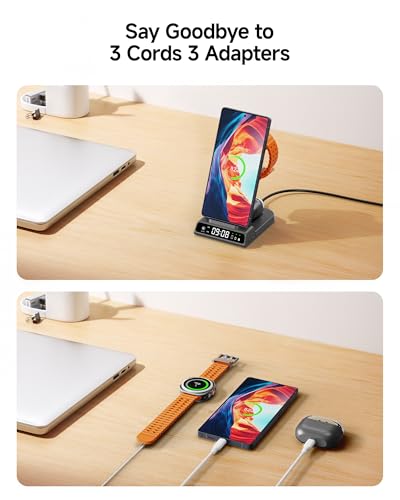 Image of 3 in 1 Wireless Charger for Samsung Galaxy S26 Ultra, Galaxy Watch 8, Buds | Dimmable LED clock, Dual-angle charging stand, Case-friendly, Compact & space-saving, Multi-protection, Charging indicator