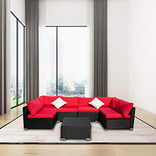 Outdoor Patio Furniture 7-Pieces Pe Rattan Wicker Sectional Red Cushioned Sofa Sets With 2 Pillows #TOP2