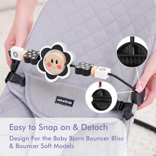 Image of iGRATENS Baby Bjorn Bouncer Toy Bar, Toy for Baby Bouncer Soft & Bliss, Easy to Attach and Remove, Child-Friendly Materials, Exciting Design for Curious Babies, Black and White Flowers