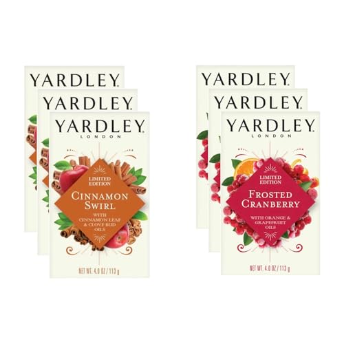 Yardley London Limited Edition Soap Variety 6 Pack – 3 Cinnamon Swirl & 3 Frosted Cranberry Moisturizing Bath Bars, Infused with Essential Oils 4oz
