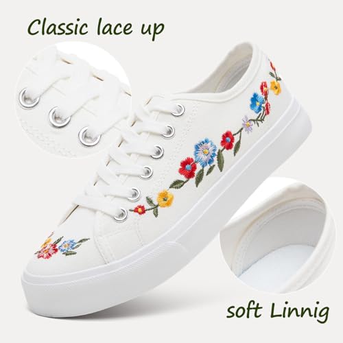 yageyan Womens White Embroidery Canvas Sneakers Low Top Tennis Shoes Womens Causal Sneakers3