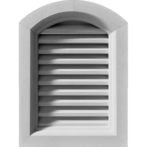 Rustic Wood Gable Vent w/Brick Mould Face Frame, 12"W x 32"H Arch Top Gable Vent (17"W x 37"H Frame Size): Primed, Functional, Rough Sawn Western Red Cedar