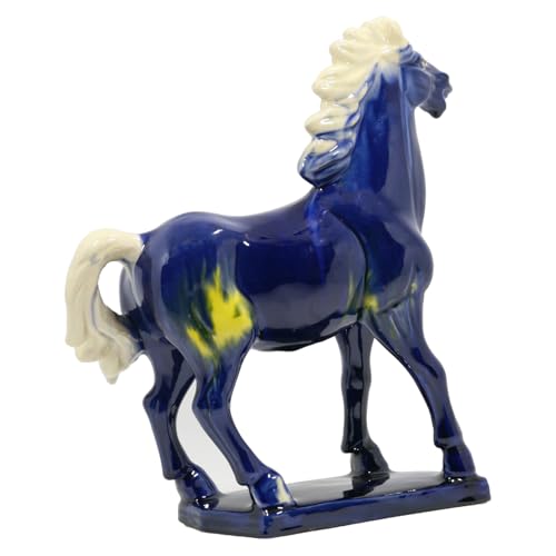 Ceramic Horse Sculpture -9 inch Hand Made Tang Tri-Color China Cultural Art Piece,Museum Collection Inspired Home and Office Decor (Blue)