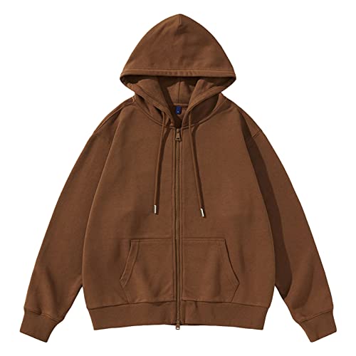 Men'S Classic Fleece Full Zip Hoodie Loose Fit Midweight Sweatshirt Casual Long Sleeve Pullover Hooded Sweater, Brown, Large
