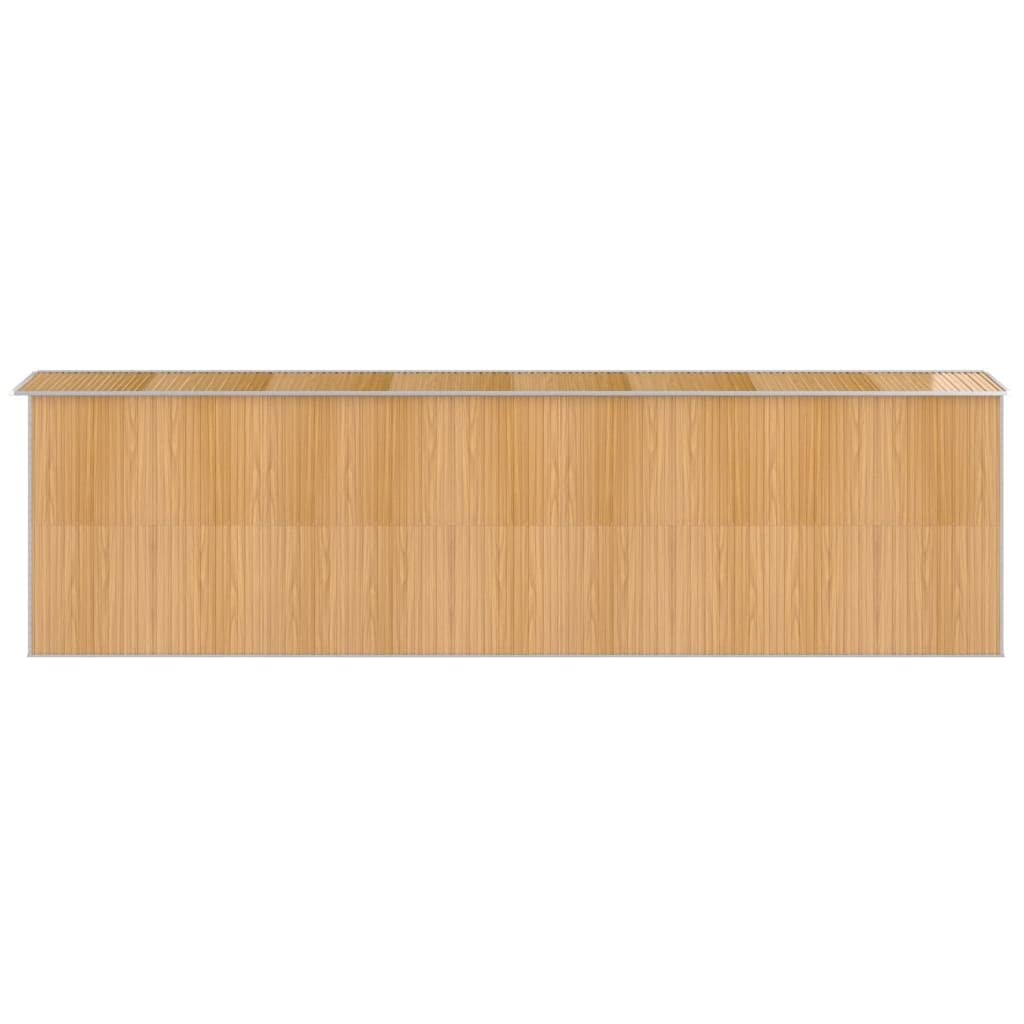 Szopa na narzędzia jasnobrązowa z ocynkowanej stali, 192 x 689 x 223 cm, z otworami wentylacyjnymi, podwójnymi drzwiami przesuwnymi, zamykanym domkiem ogrodowym na narzędzia i kosiarkę