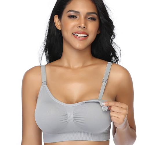 GXXGE 4Pack Nursing Bra for Breastfeeding Maternity Bras Push Up Silk Seamless Pregnancy Bralette Underwear Black Beige Grey Pink Large