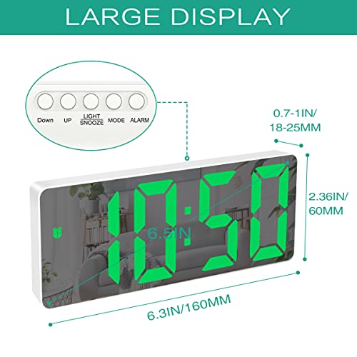 Oria Digital Alarm Clock, 6.5" Large Display Led Mirror Clock, Led Electric Alarm Clocks With Snooze, 12H/ 24H Display, 3 Adjustable Brightness, Usb Cable, Suitable For Bedroom, Office, Green #TOP5