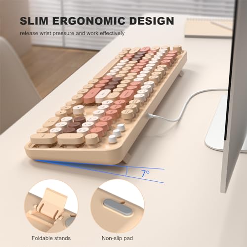 Image of MOFII Milk Tea Colorful Retro Round Typewriter Keyboard, Full Size USB-A Wired Plug Play, 104 Keys, Tactile Switches, Ambidextrous, QWERTY Layout, Compatible with Windows PC Laptop