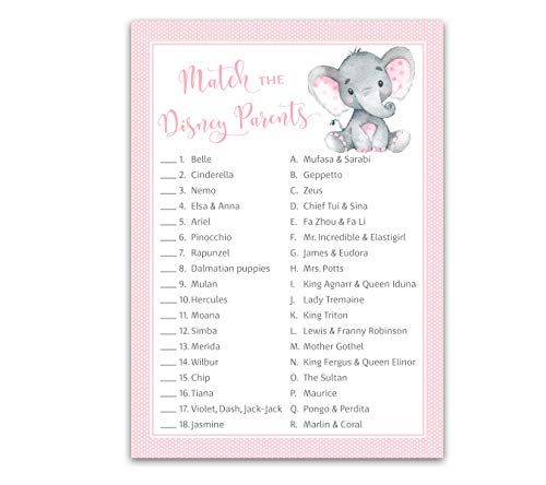 GIRL Baby Shower Game â€” DISNEY PARENT MATCH Baby Shower Game â€” Pack of 25 â€” PINK Elephant Baby Shower Game, Match Famous Disney Parents Fun Shower Activity, Disney Star Kids Match Game, SKU G500-DPM