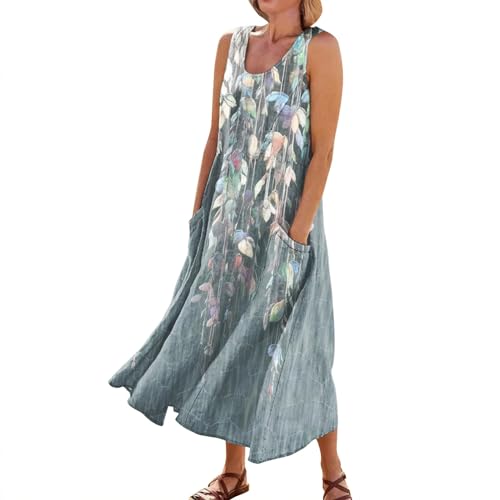 OIOLOYJM Linen Dresses for Women 2024 Casual Cotton Linen Dress Sleeveless Flowy Maxi Dress Summer Beach Tank Dress Loose Fit Crew Neck Dress Plus Size Pocket Sundresses, Medium, 40-gray
