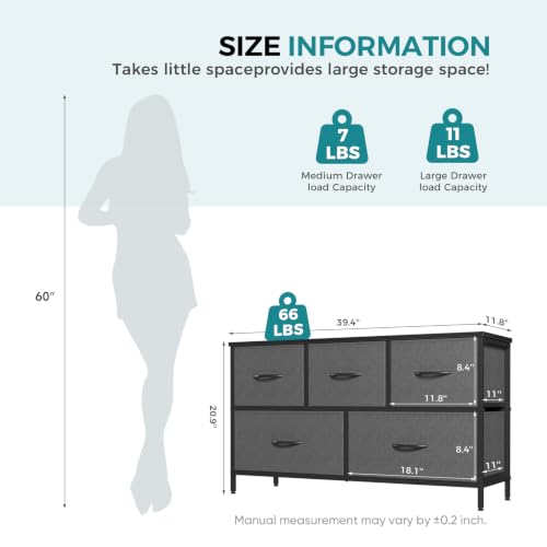 Image of OLIXIS Dresser for Bedroom with 5 Drawers, Wide Chest of Drawers, Grey