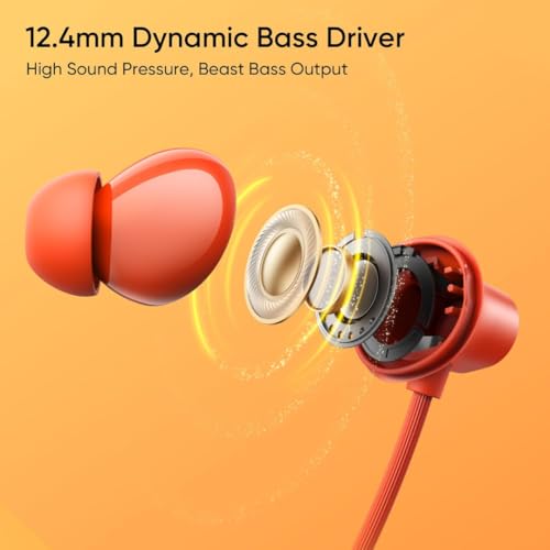 Image of Compatible with Realme 5 Lite Neckband with Powerful Bass Audio, HD Mic, Magnetic Earbuds, Premium Finish(Orange)