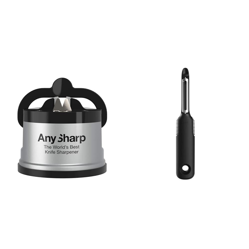 AnySharp Knife Sharpener with PowerGrip, Silver & OXO Good Grips Swivel Peeler