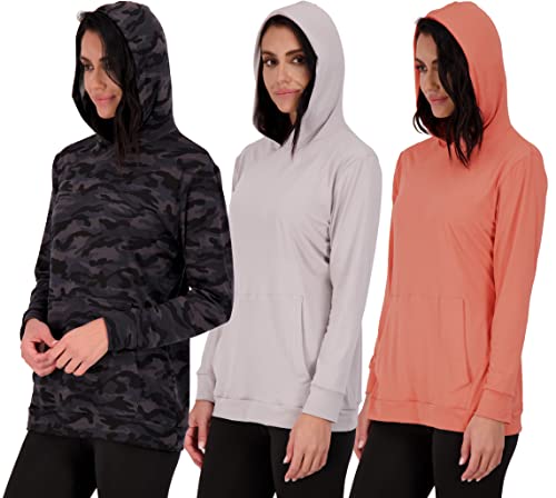 Real Essentials 3 Pack: Women's Dry Fit Long-Sleeve Hoodie Pullover Sweatshirt Pocket - Active Lounge (Available In Plus)