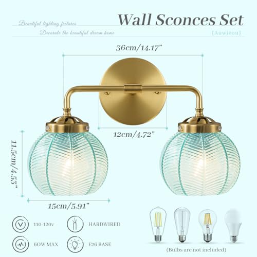 Image of Gold Wall Sconce Set of 2 Vintage Bathroom Vanity Light Blue Glass Shade Globe Wall Sconces Mid Century Wall Light Art Deco Bathroom Lights Over Mirror for Bedroom Hallway Living Room