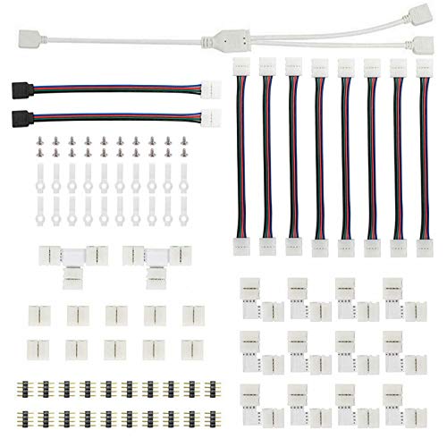 QIJIE LED Strip Connector 4 Pin, Solderless RGB Connector, L&T Shape and Gapless Connector, RGB Splitter Cable for 10mm Wide RGB LED Strip (RGB LED Connector Full Kit)