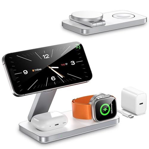 Kompatibel mit Magsafe Ladegerät,QTlier Ladestation Apple Watch und iPhone Kompatibel mit iPhone Air 17/16/15/14/13/12 Serie,Mag Safe Ladestation für Apple Watch 10/9/8/7/6/5/4/SE und AirPods (Weiß)