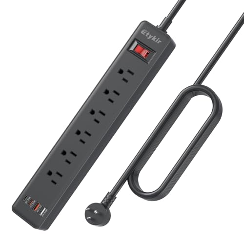 Magnetic Power Strip with 6 Outlets & 4 USB Ports (2 USB-C PD 20W) 1800 Joules Surge Protector 15A Heavy Duty Extension Cord Flat Plug Wall Mount for Garage Workshop Office 6FT Black