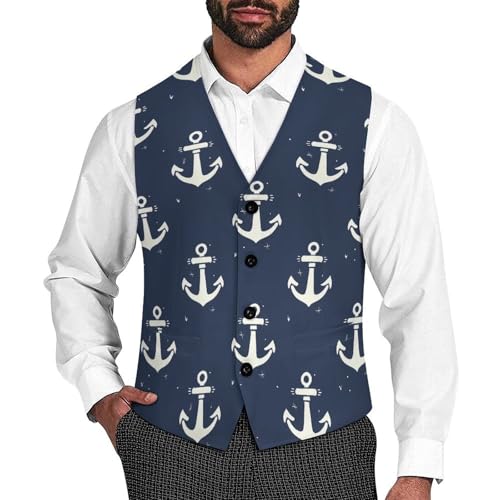 Sea Pattern in Anchors Navy Beach Men's Suit Vests Business Formal Dress V-Neck Waistcoat Tops with 2 Pockets