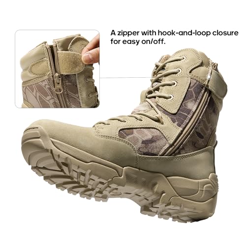 NORTIV 8 Mens Military Tactical Work Boots Hiking Side Zip Leather Outdoor Motorcycle Combat Boots Response,Size 6.5,Camo Sand2