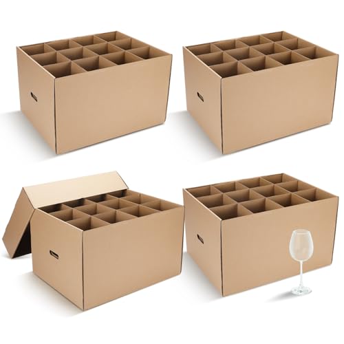 Feifeiya 4 Pack Wine Glass Moving Boxes Kitchen Moving Boxes with Handle Kitchen Kit with Lid for Dish Glassware (Brown,20 x 15 x 12 Inches)