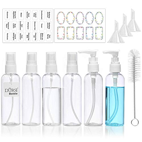Empty Plastic Mini Fine Mist Spray Bottles Refillable Pump Bottle 3.4oz / 100ml Small Travel Size with Labels Funnels Cleaner