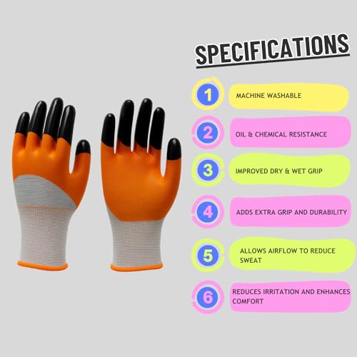 Image of Premium Nitrile Coated Work Gloves - Industrial Grip, Cut & Abrasion Resistant - Flexible & Durable Safety Gloves for Construction, Warehouse, Automotive, Cleaning (Orange, 15 Pair)