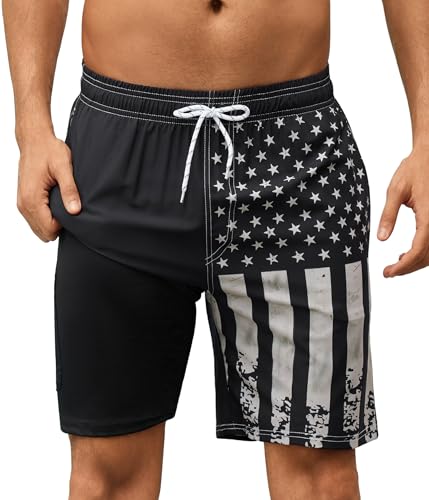 Mens Swim Trunks with Compression Liner 7 Inch Swim Trunks Quick Dry Surfing Beach Shorts Hawaii Sports Shorts