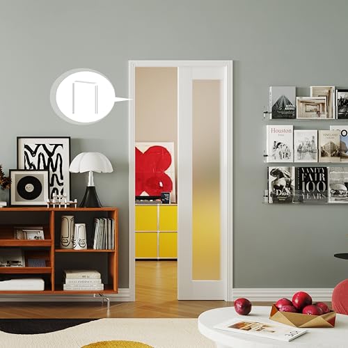 Image of Pocket Door 30 inch x 80 inch, 1-Lite Frosted Glass Pantry Door Panel with Frame and Hardware Kit Set Plus Door Jamb, Single Interior & Closet Door Slab for Sliding Door, No Panel Assembly Required