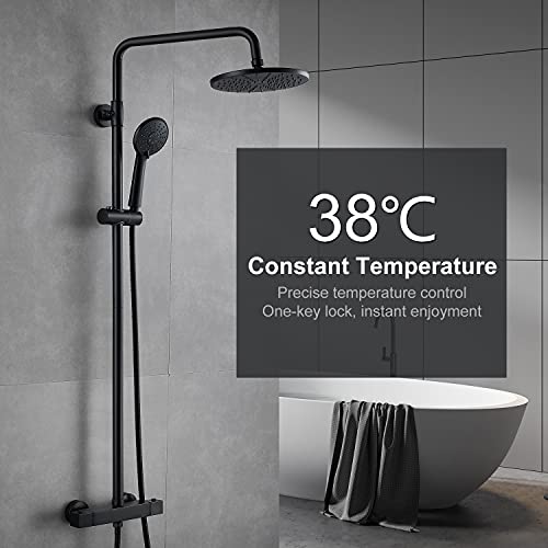 Exposed Shower System With Thermostatic 8 Inch Round Shower Head Matte Black Wall Mount Adjustable Handheld Sprayer And Tub Spout Bathroom Mixer Combo Set With Trim Kit 3 Function Shower Faucet #TOP1