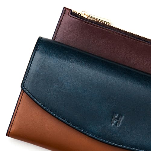 Handcrafted Full-Grain Leather Women’s Wallet, RFID Blocking, 12 Card Slots, 3 Compartments, Removable Zipper Coin Pouch, Gift Box & Pouch, Christmas & Birthday, Navy Blue-Tan2