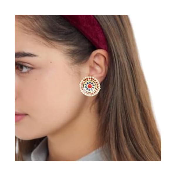 JWELLA Traditional Hand Crafted Light Gold Plated and Round Shape Blue Kundan and Red Enamel Circular Stud Earrings With Moti Pearls for Women and Girls (1Pair) - Image 5
