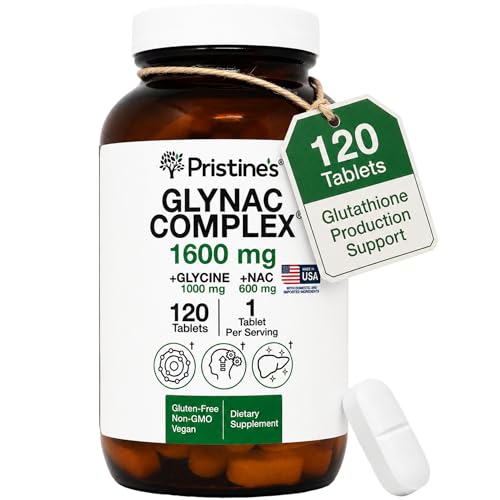 PRISTINES Large Tablet GlyNAC Complex 1600mg Glycine 1000mg + NAC 600mg Supplement Glutathione & Antioxidant Support 120 Large Scored Tablets Vegan Non-GMO Gluten-Free