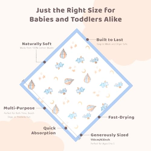 Image of Muslin Baby Towels Bath Towels 43 x 43 Inch Soft 100% Cotton Cute Animal Print Washcloths Extra Large Baby Bath Towels for Newborns Infants Toddlers Kids