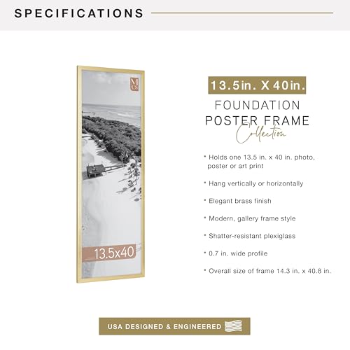 Image of MCS Foundation 13.5x40 Poster Frame Traditional Brass, Vertical & Horizontal Wall Hanging Large Picture Frame for Photos, Panoramics, Posters & Art Prints (1-Pack)