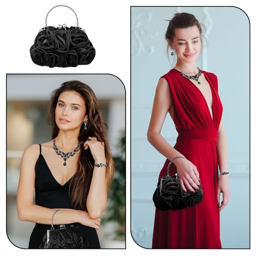 Paterr 4 Pcs Valentine's Day Flower Clutch Rhinestone Jewelry Set Rose Clutch Handbags with Detachable Strap Detachable Necklace Earrings Bracelets for Wedding Party Prom Valentine's Day Gift(Black) by Paterr - Image 5