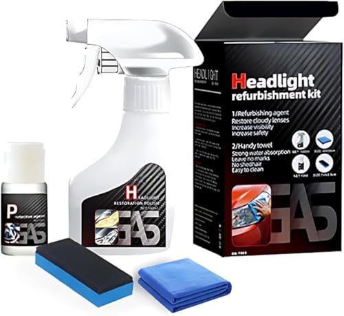 Headlight Restoration Kit, Headlight Cleaner Automotive Headlamp Headlight Cleaner Restores Clear Yellowed Car Plastic and Protects from Re-Oxidation Includes Coating Agent and Towel, Sponge Wipe