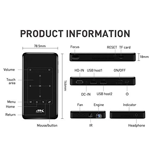 Mini proiettore tascabile, proiettore Smart DLP Pico Supporto ingresso HD/decodifica 4K HD con HDMI USB/touch screen/RC, per home theater, feste in famiglia (Android 6.0)(ME)
