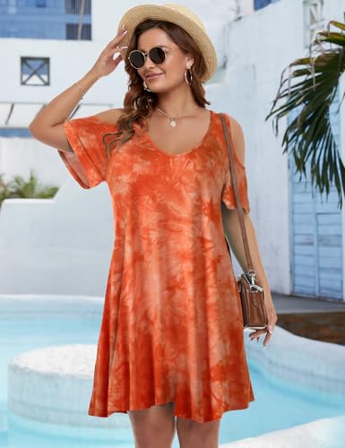Image of JollieLovin Womens Plus Size Short Sleeve Cold Shoulder V Neck T-Shirt Dress with Pockets