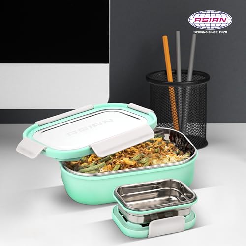 Image of Asian Plastowares - Snack Pack SS Lunch Box | Tiffin Box - Leak-Proof, Airtight | Lunch Box for Kids & Adults | Durable & Spill-Free School, Office, and College Tiffin | Mint Green