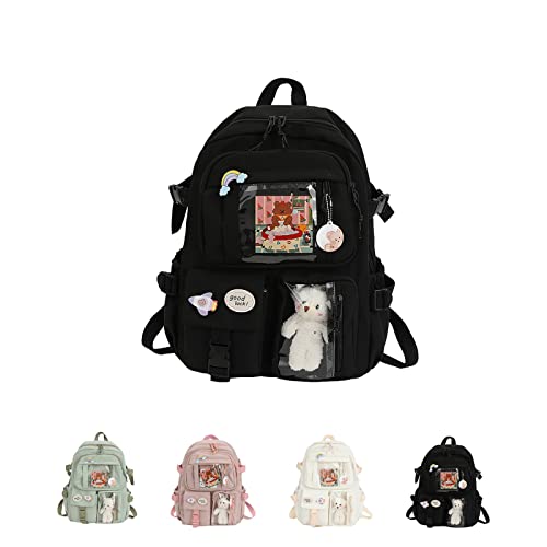 qavcg Sage Green Backpack for School, Kawaii Backpack with Kawaii Pin and Accessories, Large Capacity Waterproof Cute Kawaii Backpack for School, School Backpack for Teens Girls, Black