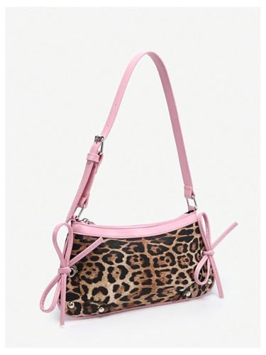 Image of QWINEE Women's Leopard Print Purse Y2k Cheetah Shoulder Bag Bow Studded Clutch Zipper Adjustable Strap Underarm Bag