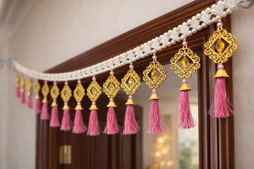 Image of Handcrafted Pearl Beaded Door Toran with Pink Tassels | 3 Feet Decorative Bandhanwar for Main Door, Mandir & Wedding Decor | Traditional Hanging for Diwali & Griha Pravesh