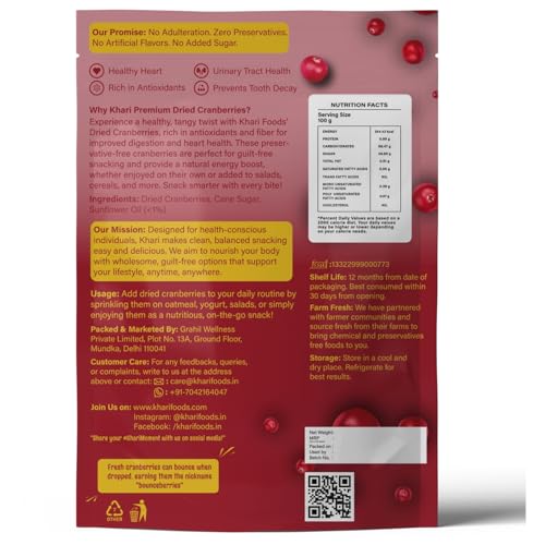 Image of Khari Foods Dried Cranberries, Dry Fruit Berries, Rich in Antioxidants, Energy Booster, No Preservatives (100g)