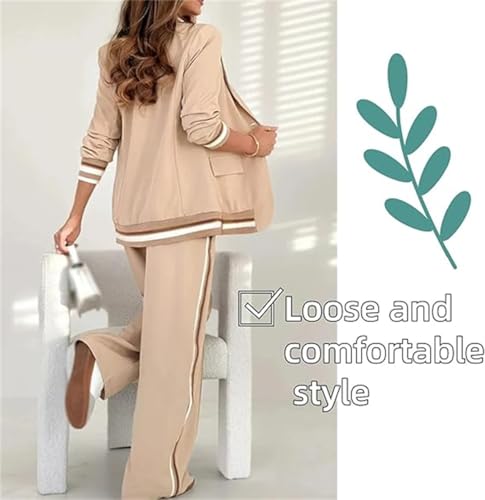 2025 Temperament Solid Color Ribbed Suit Set,Blazer and High Rise Straight Leg Pants Sets,Women's 2 Piece Set Lapel Blazer4